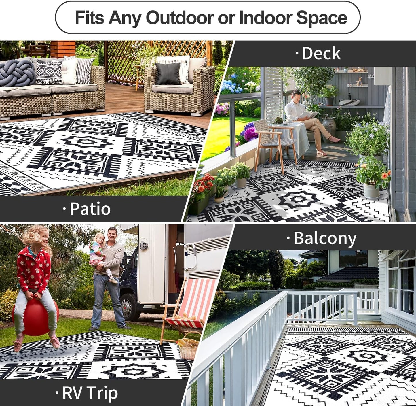Waterproof Outdoor Rug 8x10ft, Boho Reversible Plastic Straw Mat for Patio RV Deck Porch Backyard Balcony Camping Picnic Beach Indoor Outdoor Carpet, Black&White