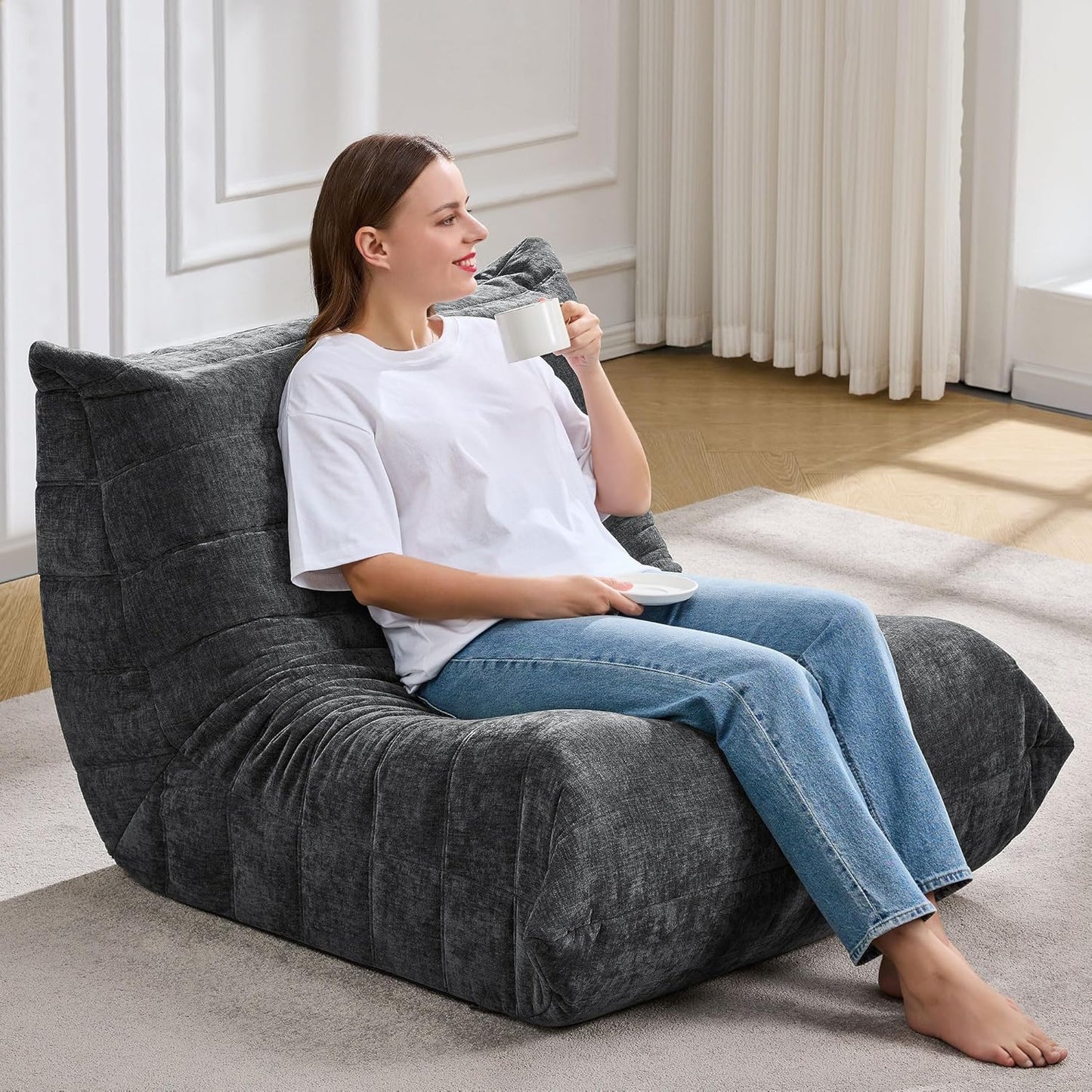 Bean Bag Chairs for Adults Giant Bean Bag Chair Memory Foam BeanBag Chair Big Bean Bag Sofa with Filler Faux Fur Fireside Beanbags Lazy Sofa for Living Room Bedroom Dorm Office (Darkgrey Chenille)