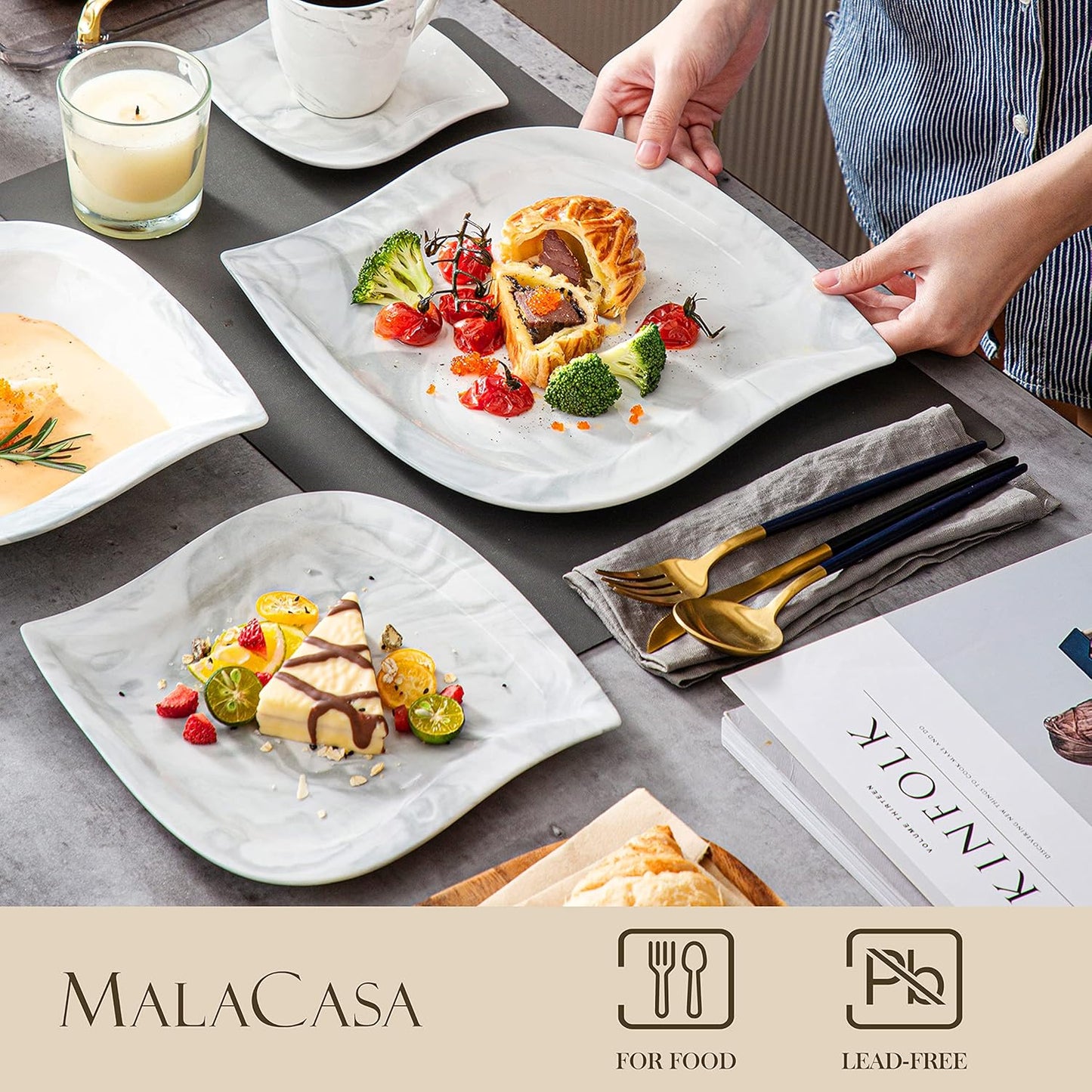 MALACASA Marble Grey Dinnerware Sets, 30-Piece Porcelain Dinnerware Set, Modern Plates and Bowls Set with Dinner Plate, Dessert Plate and Salad Pasta Bowl, Cup and Saucer, Service for 6, Series Elvira