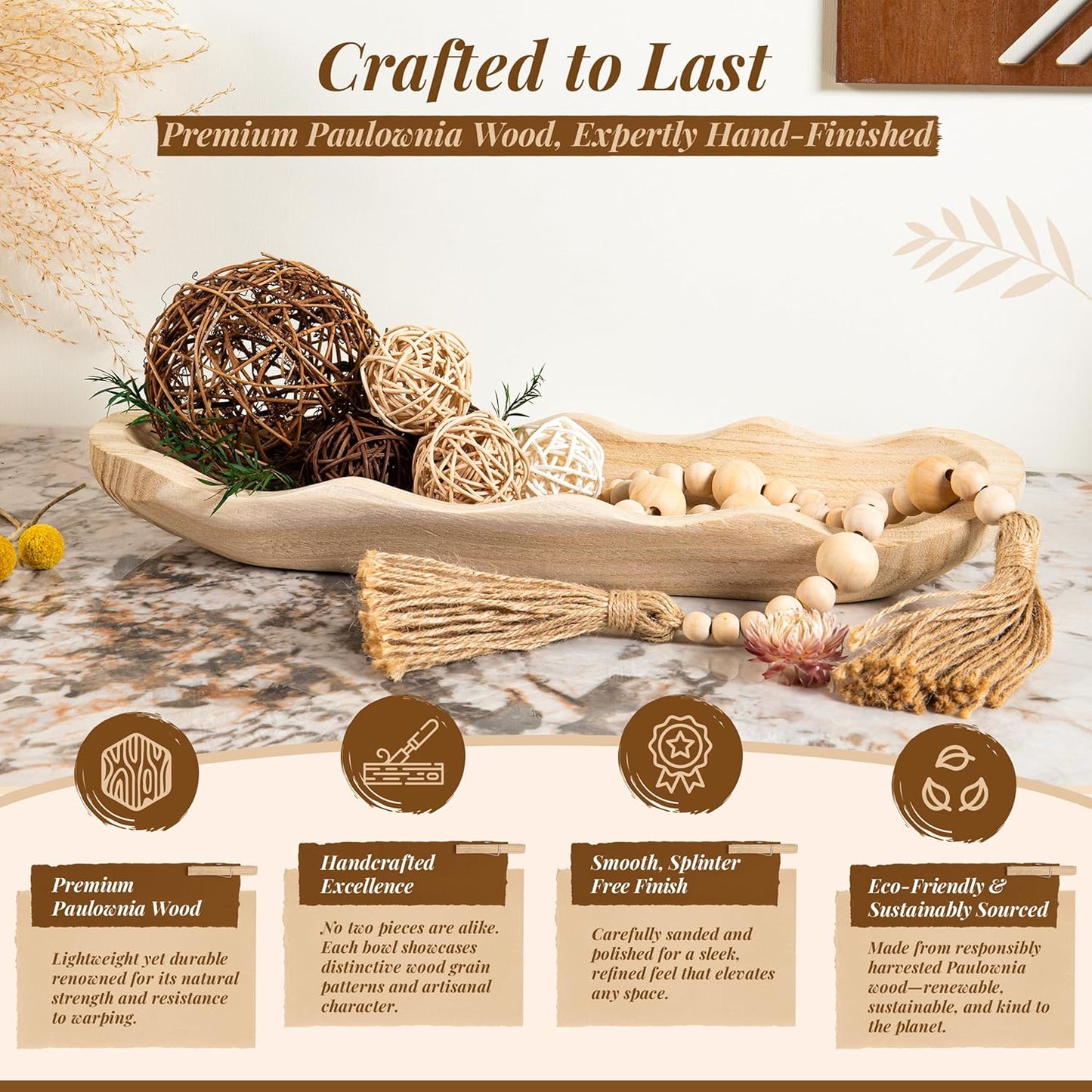 Wavy Edge Wooden Dough Bowl for Decor 16"L Lightweight Paulownia Wood Hand Carved Decorative Wooden Farmhouse Fruit Bowl Handmade, Home Decoration Centerpiece, Table Display Bowl