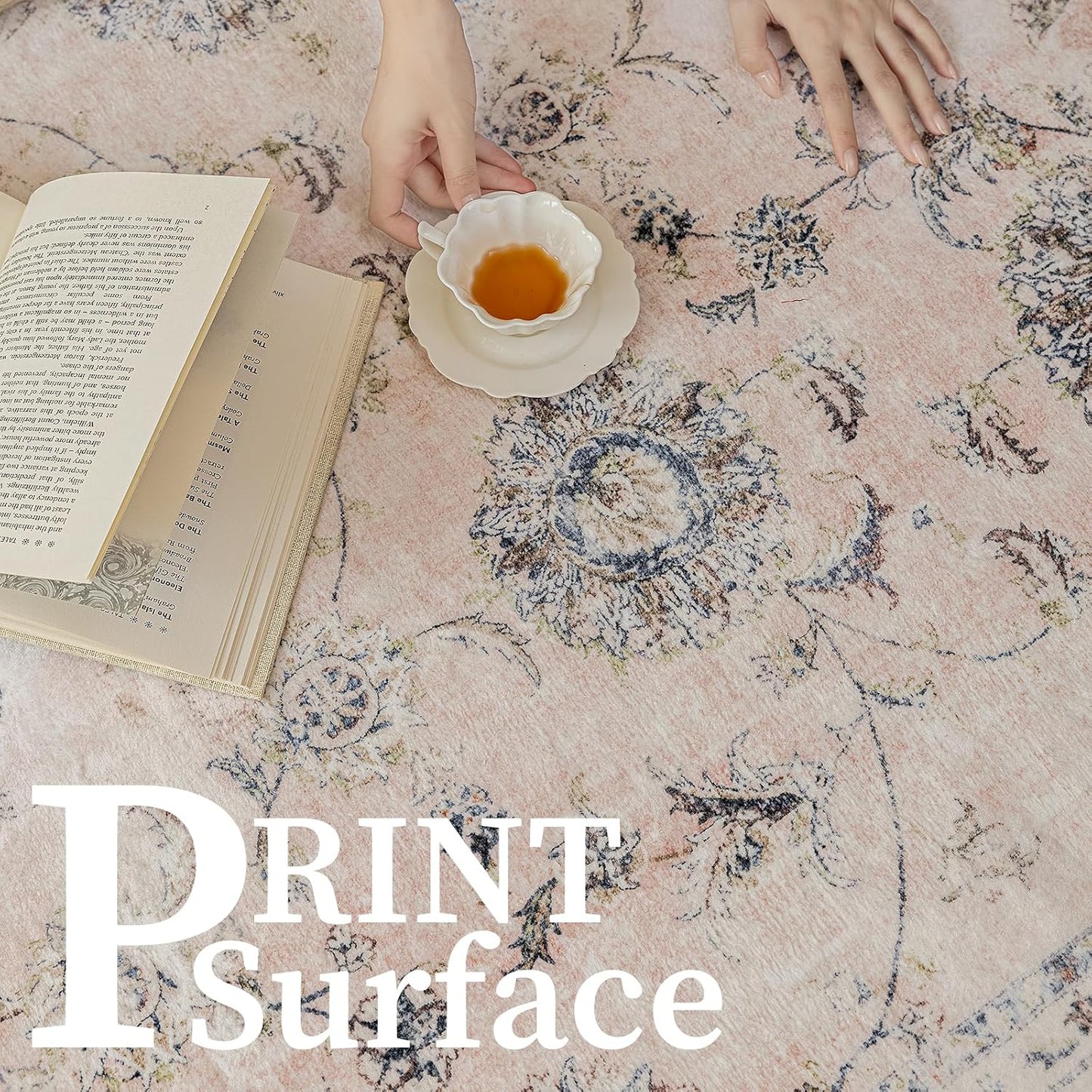 5'x7' Vintage Floral Rug - Persian Inspired Low-Pile Faux Wool Area Rug, Non-Slip Washable Rug for Bedroom, Nursery, Dorm, Soft Pink Boho Chic Decor