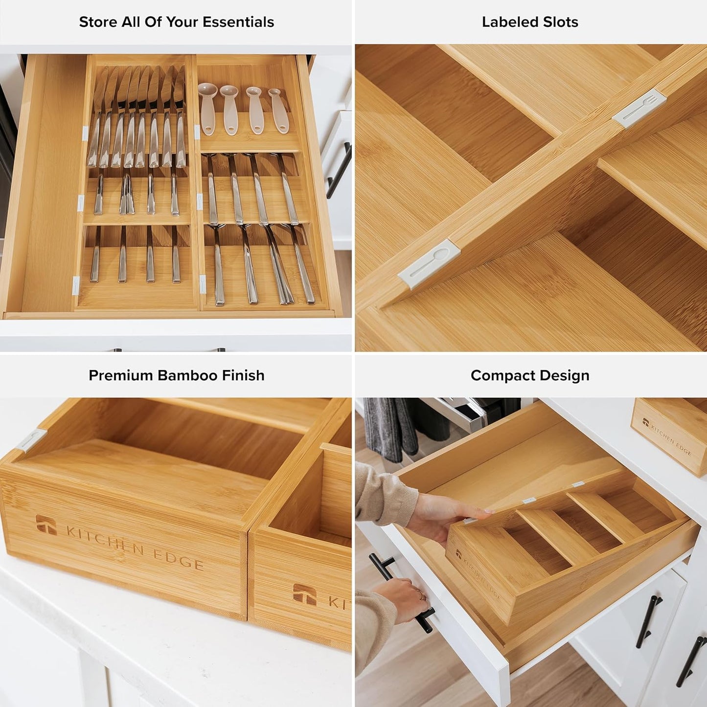 Premium Cutlery, Flatware, and Silverware Drawer Organizer – Slanted 3-Compartment Design with Labeled Slots, Non-Slip Feet, 100% Sustainable Bamboo, 2 Pack