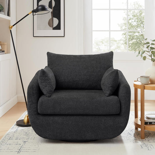 360° Swivel Accent Armchair, 39.3" Oversized, Sherpa Boucle Fabric Sofa Chair with Removable Back & Arm Pillows, Swivel Chair with Cozy Soft Padded, No Assembly Required (1, Dark Gray)
