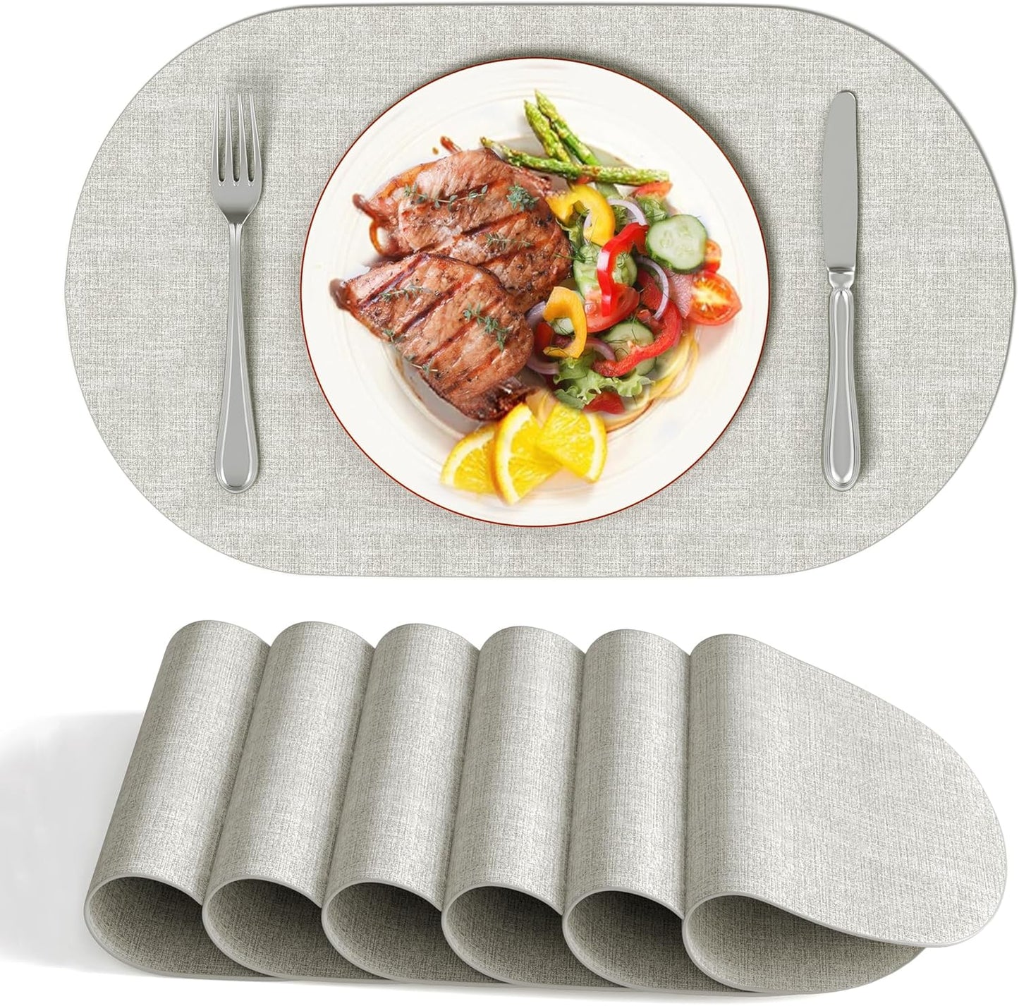 DOLOPL Placemats Set of 6, Oval Reversible Wipeable & Heat Resistant Place Mats, Modern Faux Leather Table Mats for Kitchen, Neutral Tablemats for Dining Table Decor, Wedding, Party(Gray)