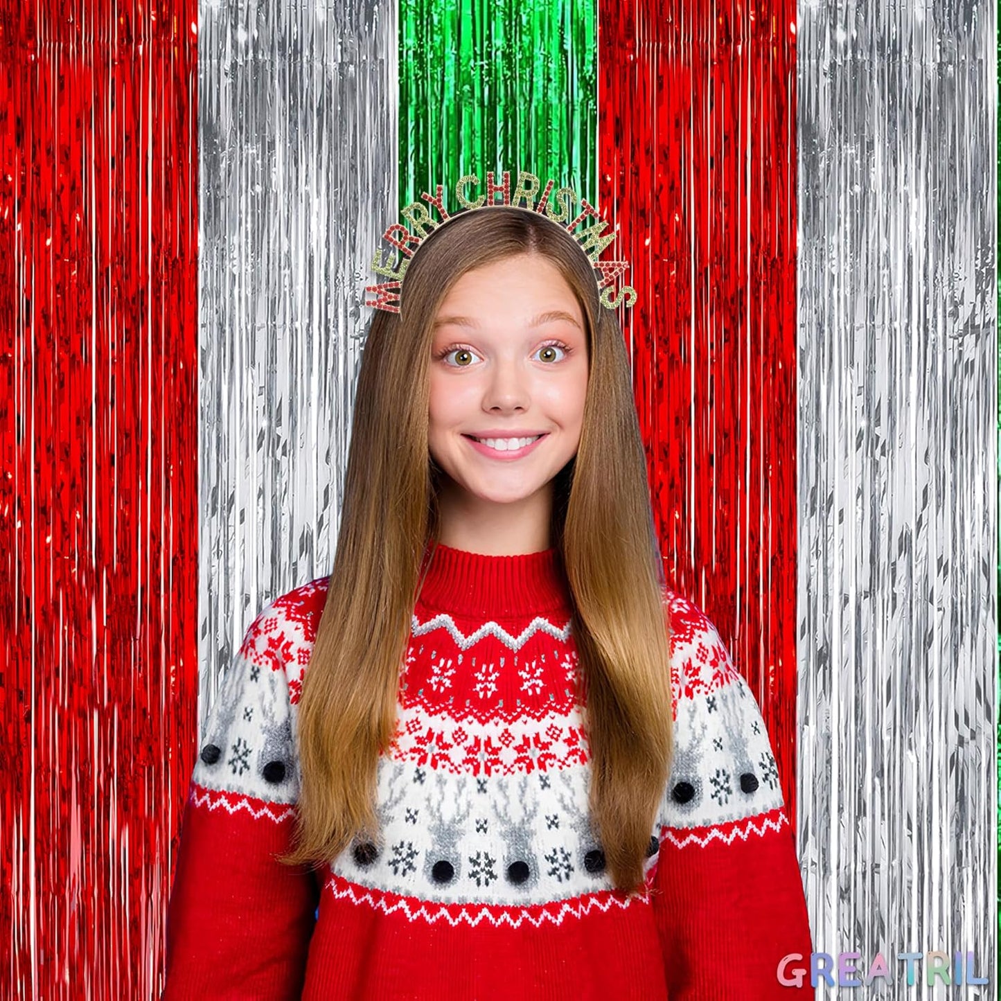 Red Silver Green Party Streamers - GREATRIL Christmas Tinsel Backdrop for Xmas Winter Italian Elf Themed Parties Decorations - 2 Packs
