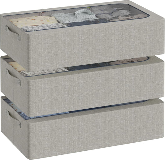 3PCS Under Bed Storage Bins with Metal Frame, Linen Fabric Frame Storage Box Clothes Organizer Bins, Underbed Container with Clear Window (Light Grey, 15.7 x 13 x 6IN)