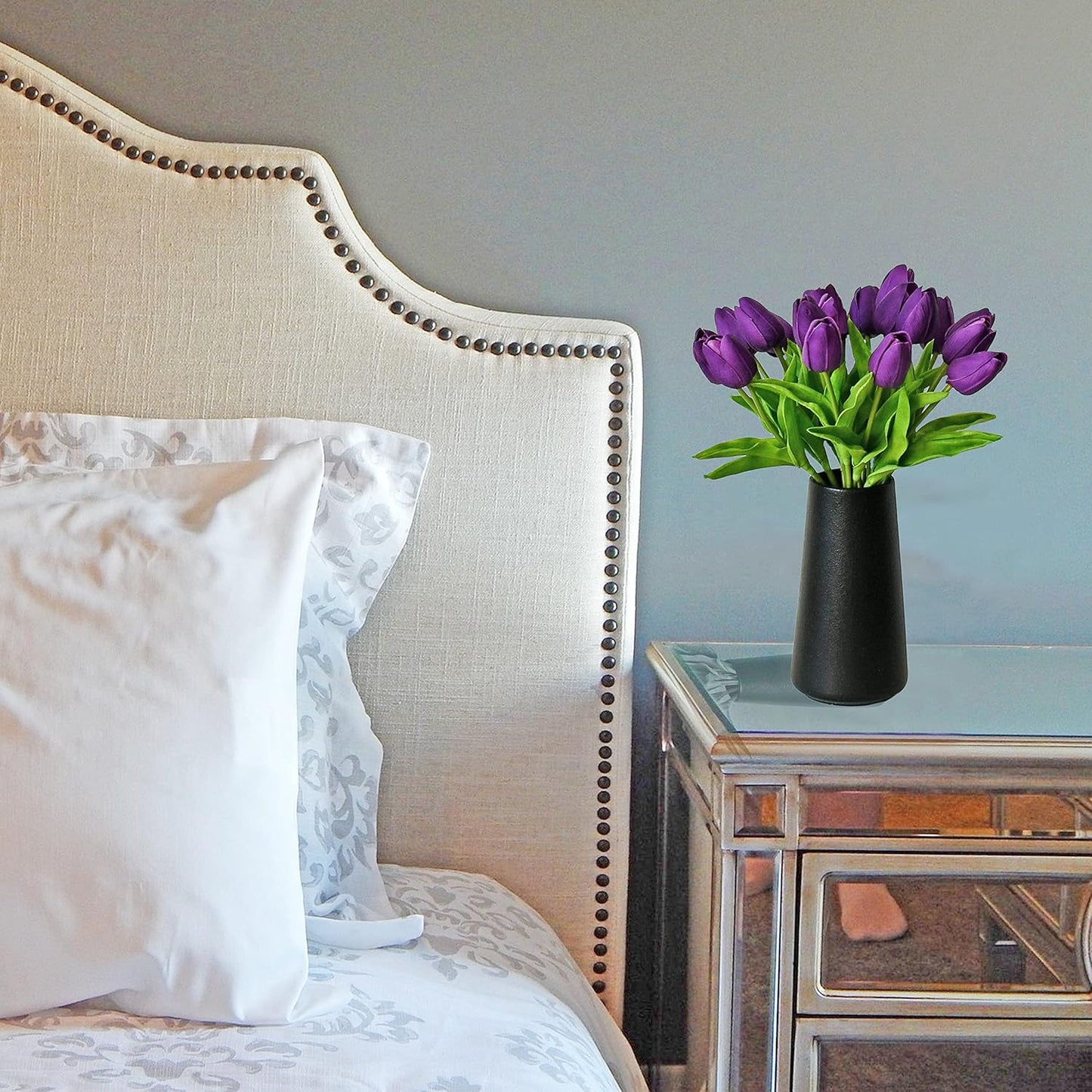 Mandy's Artificial Tulips 20 Stems Dark Purple PU Faux Flowers for Wedding Home Decor 13.5 Inch