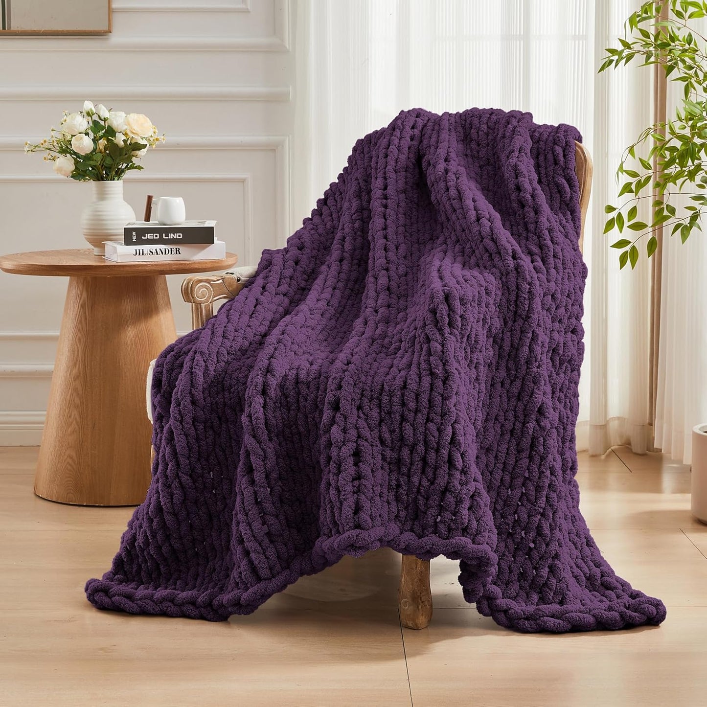 Carriediosa Chunky Knit Throw Blanket 50" X 60", 100% Hand Made Large Chenille Loop Yarn Soft Fluffy Throws for Couch Sofa Bed, Big Crochet Cozy Heavy Thick Cable Woven Blanket, Dark Purple
