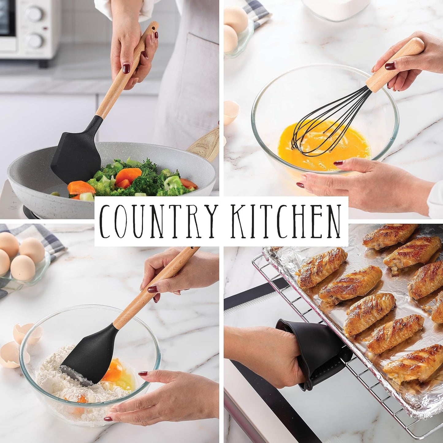 Country Kitchen Non Stick Silicone Utensil Set with Rounded Wood Handles for Cooking and Baking, 38 Piece Set, Black