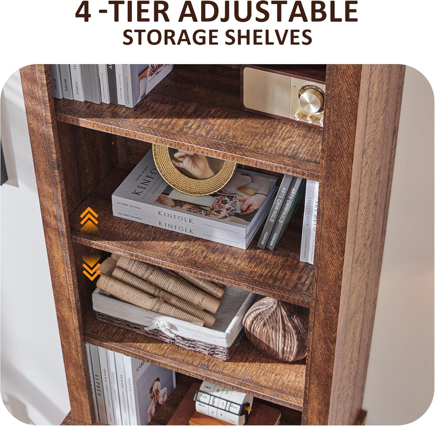 OKD 72'' Tall Bookshelf with Storage, Farmhouse 4 Tier Bookcase w/Barn Door, Adjustable Shelves and Drawers, Rustic Wooden Office Bookshelves for Home, Living Room, Library (Reclaimed Barnwood Color)