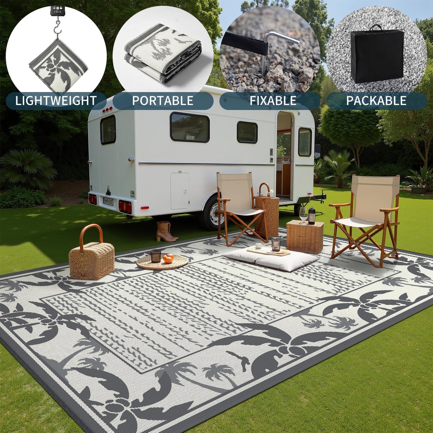 COCOER Outdoor-Rug 6x9 ft Waterproof Reversible Outdoor Plastic Straw Rug RV Indoor Outdoor Carpet Quick Dry Patio Rug Camping Mat for Balcony Backyard Picnic Beach-Grey&Beige