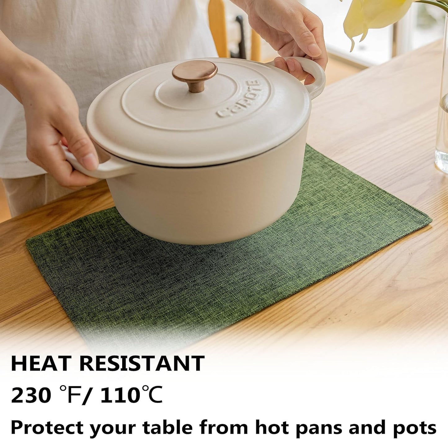 Demetex Green Placemats Set of 6 Vintage Cloth Textured Place Mats Stain Resistant for Holiday Barbecue and Dinning Table, Green