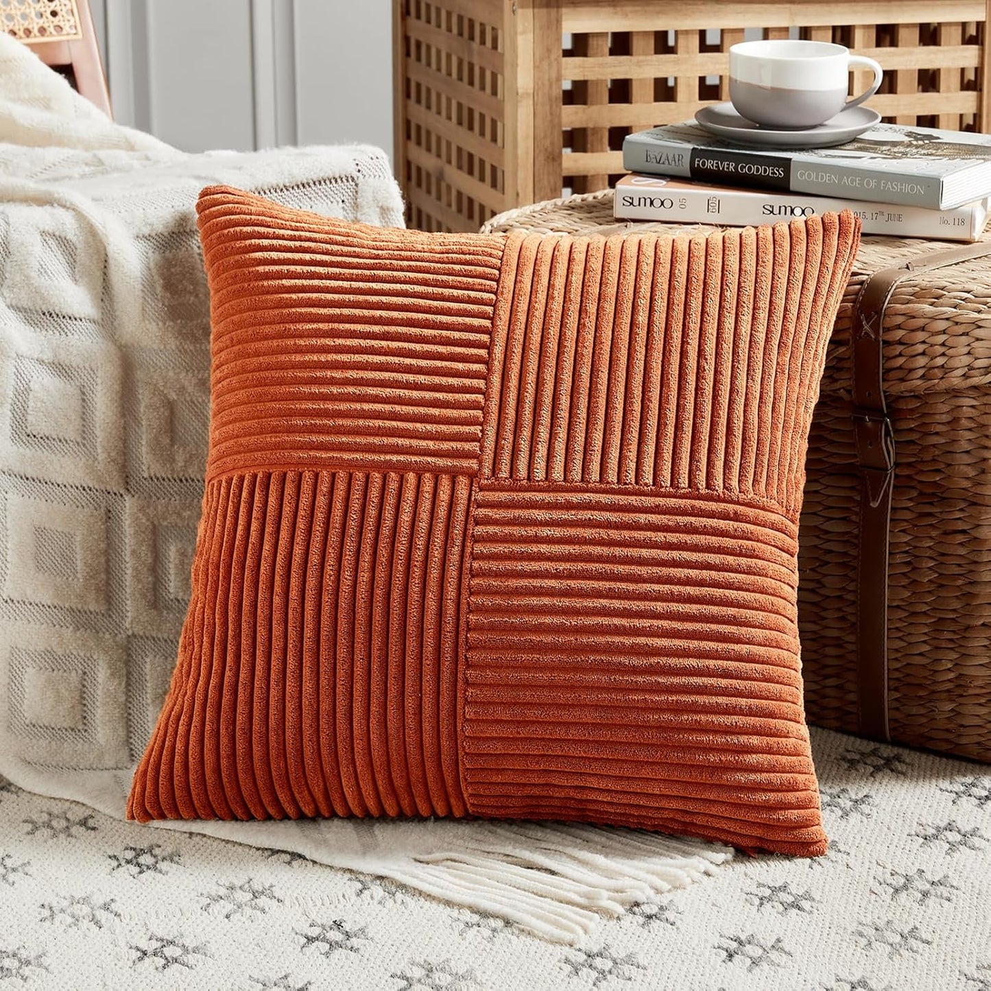 Fancy Homi 2 Packs Burnt Orange Samll Fall Decorative Throw Pillow Covers 14x14 Inch with for Couch Bed Sofa, Farmhouse Boho Home Decor, Soft Corss Patchwork Corduroy Square Cushion Case 35x35 cm