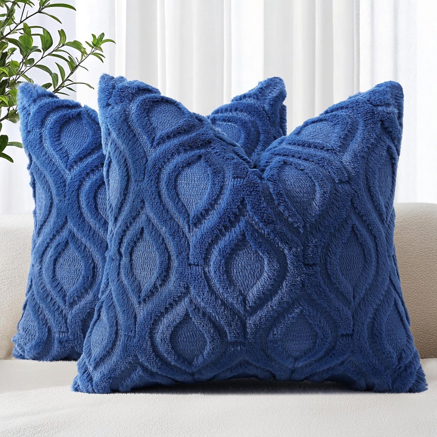 decorUhome Fall Throw Pillow Covers 24x24 Inch Set of 2, Soft Plush Decorative Faux Fur Dark Blue Solid Couch Pillow Covers, Accent Farmhouse Neutral Square Euro Pillow Cases for Sofa Bed Living Room