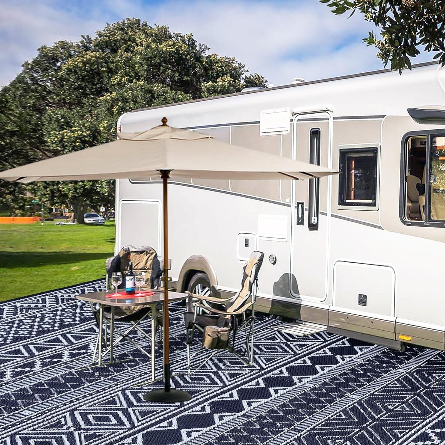 GAOMON Outdoor Rug Waterproof 8'x10', Reversible Outdoor Plastic Straw Rug, Boho Patio Rug, Indoor Outdoor Carpet, RV Mat Outside for Patio, Camp, Picnic, Balcony, Deck, Dark Blue/White(Bohemia)