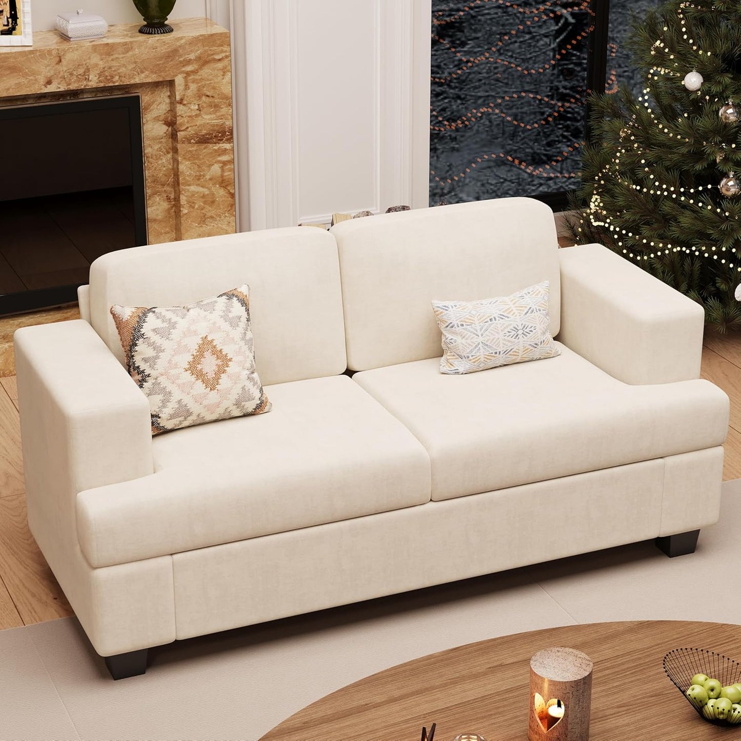Sofa, 63” Comfy Loveseat Sofa Couch with Deep Seats, Couch for Living Room, Modern Sleeper Sofa, Beige Chenille