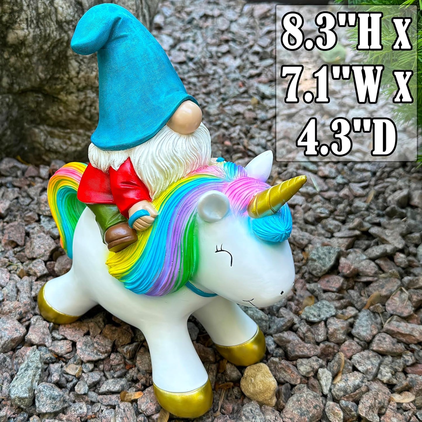 Mood Lab Garden Gnome Statue - Garden Gnome Riding Unicorn - 8.3 Inch Tall Lawn Figurine - for Outdoor or House Decor - Funny Yard & Patio Decoration