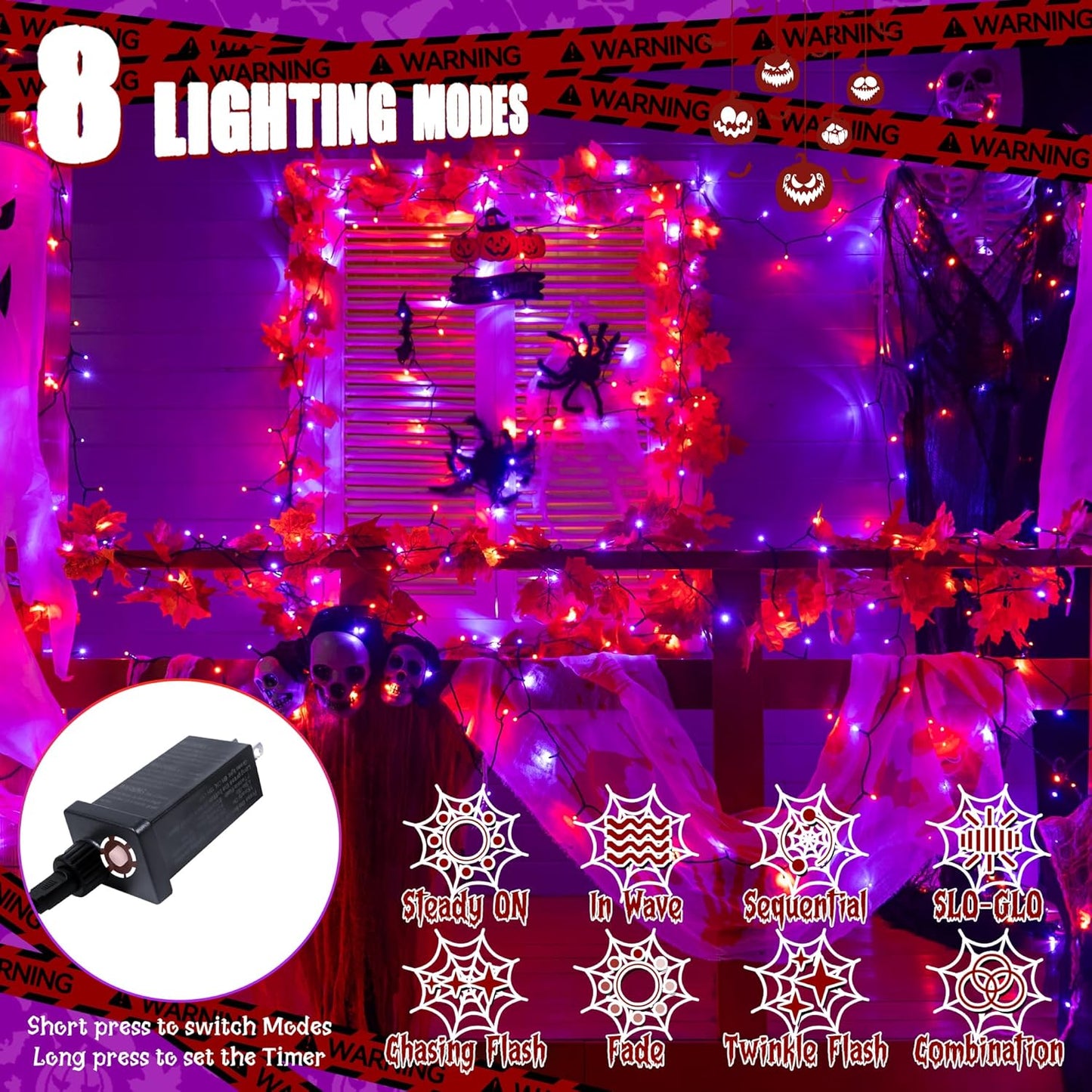 Ollny Halloween Lights Outdoor, 100 LED 33FT Orange and Purple Halloween Decorations with 8 Modes Timer, Plug in String Lights for Indoor Bedroom Home Party Outside