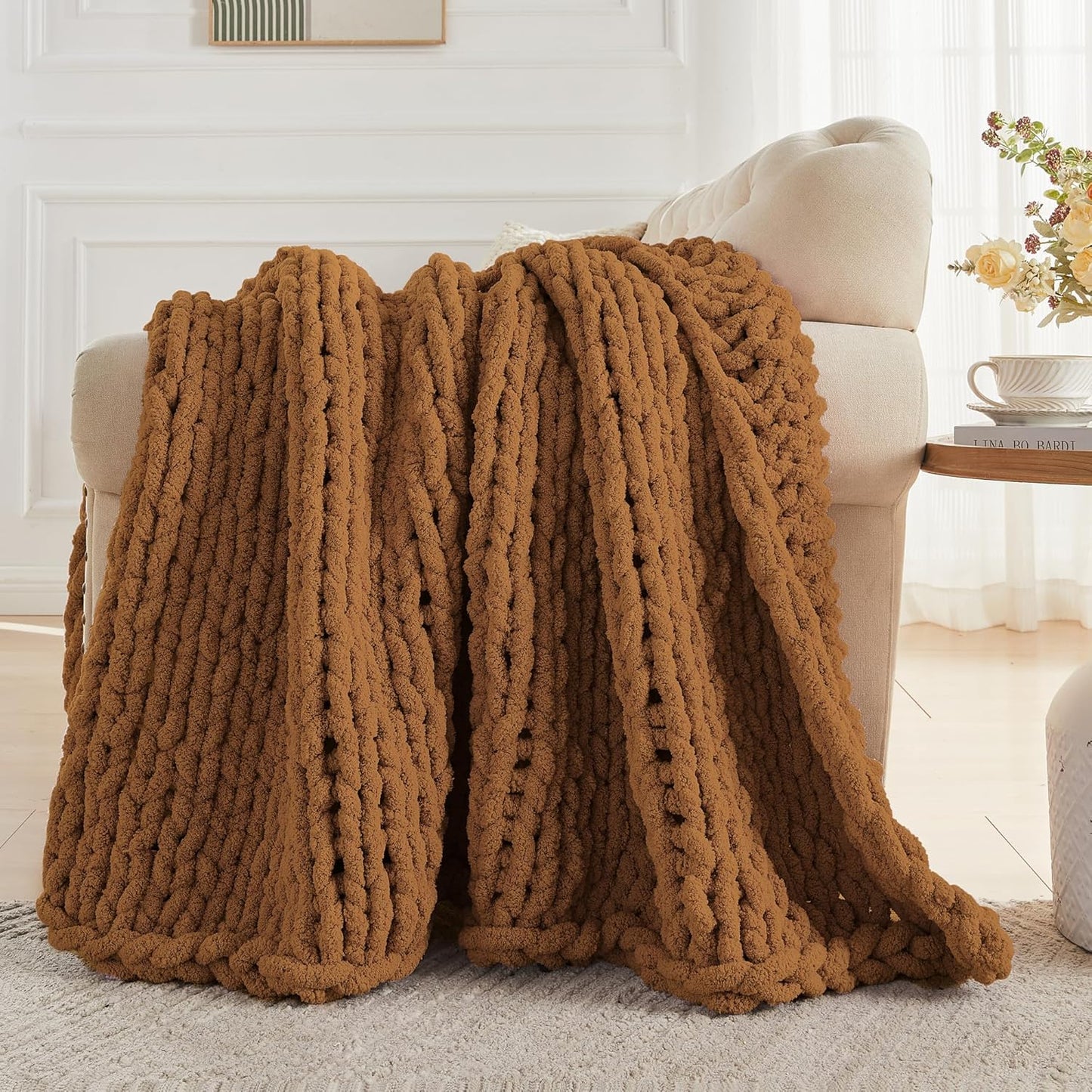 Carriediosa Chunky Knit Throw Blanket 50" X 60", 100% Hand Made Large Chenille Loop Yarn Soft Fluffy Throws for Couch Sofa Bed, Big Crochet Cozy Heavy Thick Cable Woven Blanket, Light Brown