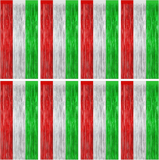 8 Pack Christmas Photo Backdrop, 3.28 FT x 7.05 FT Red Silver Green Party Streamer, Metallic Foil Fringe Curtains Tinsel Backdrop, Christmas Photo Booth Props Door Decor Party Supplies