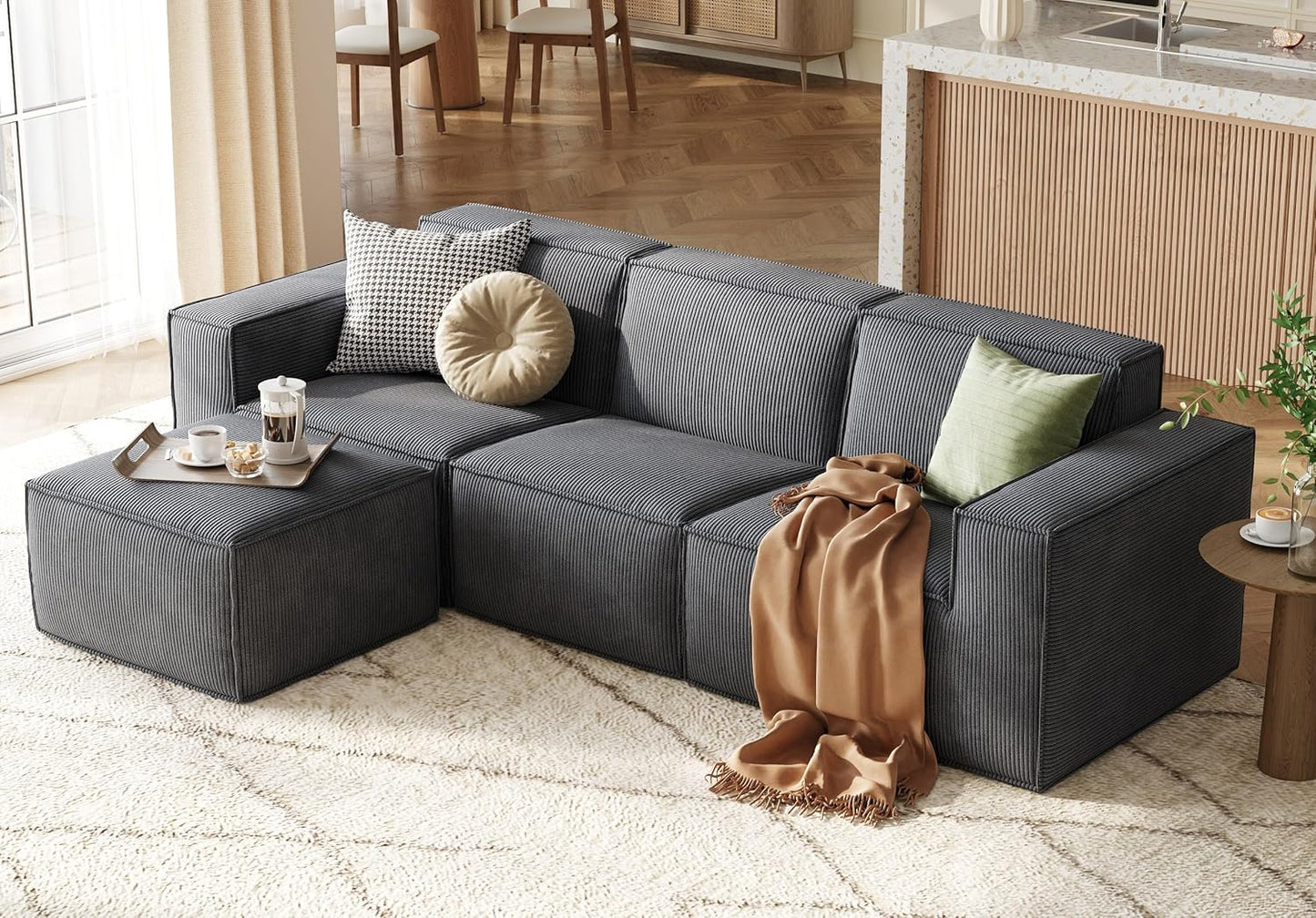 LINSY HOME Oversized Modular Sectional Sofa, 105" Cloud Couch L Shaped 3-Seat Sofa with Ottoman, Corduroy Deep Seat Modular Couches for Living Room, No Assembly Required, Bluish Grey