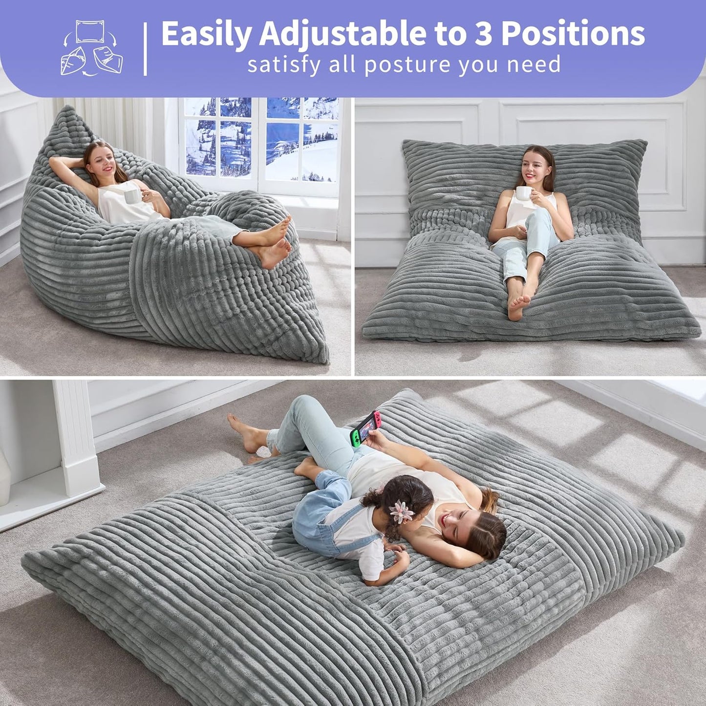 Hobestluk 3 in 1 Bean Bag Chair Giant Bean Bag Chairs Convertible Bean Bag Floor Cushion with Machine Washable Cover, Beanbag Chairs for Adult (Turquoise Grey)