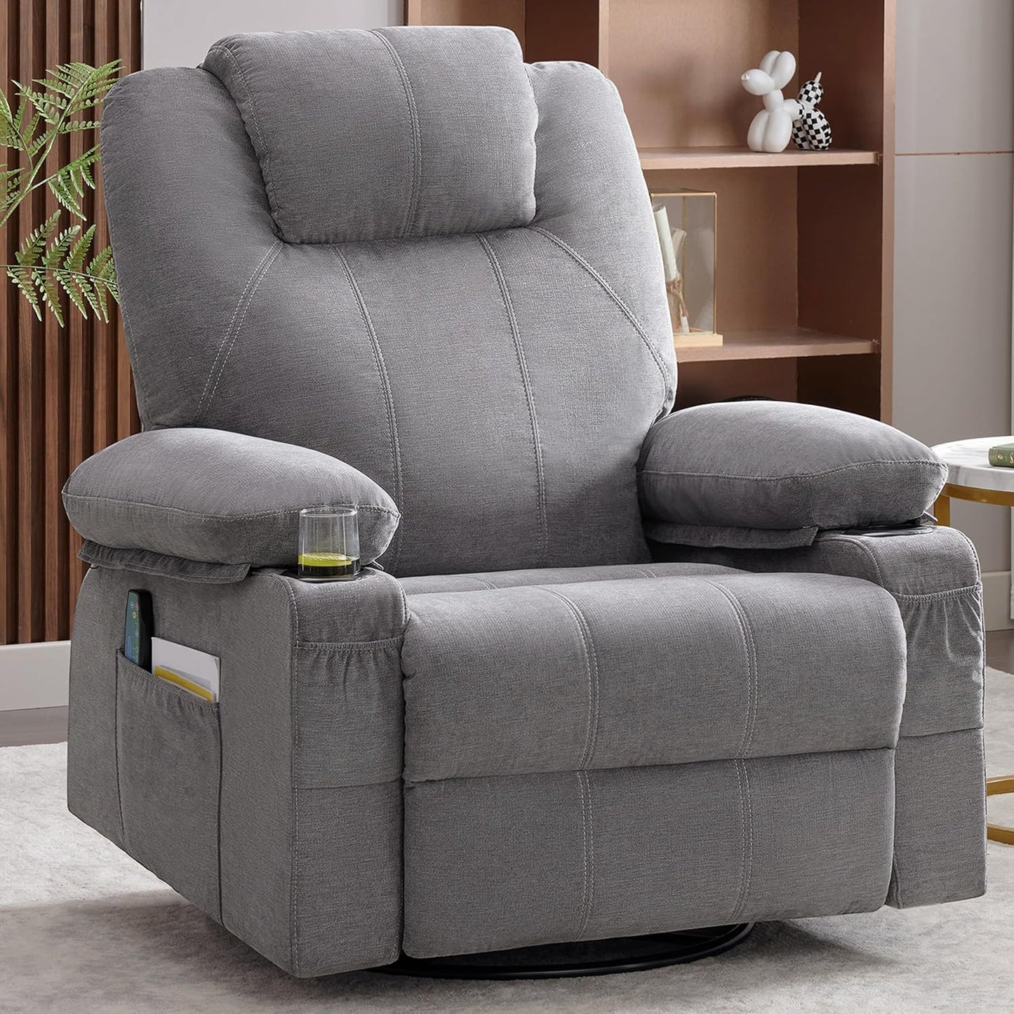 Swivel Rocker Recliner Chair with Heat and Massage, 360 Degree Swivel Recliner Chair with Cup Holders and USB Port, Big Oversized Rocking Single Sofa for Living Room (Fabric, Grey)