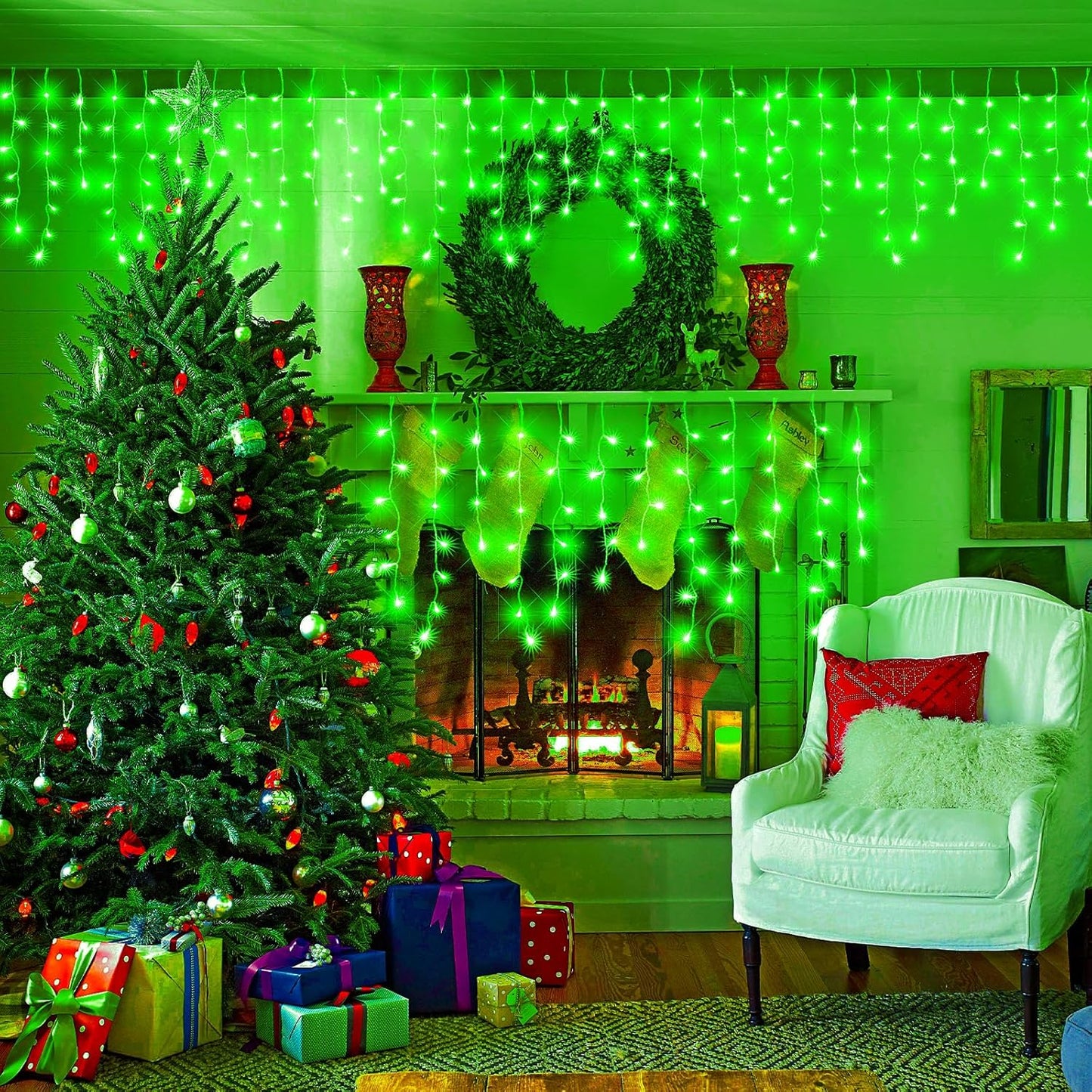 33ft Icicle Lights for Outside, Green Christmas Lights Outdoor Waterproof, 400 LED Twinkle Tree With 75 Drops Clear Wire Short Curtain for House, Room, Home Wall Indoor Decorations