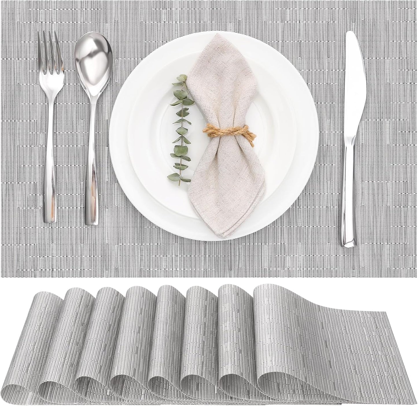 Myir JUN Placemats Set of 8, Vinyl Woven Placemats Place Mats Indoor Set of 8 Washable Table Mats Non-Slip Place mats for Dining Table (Silver, Set of 8)