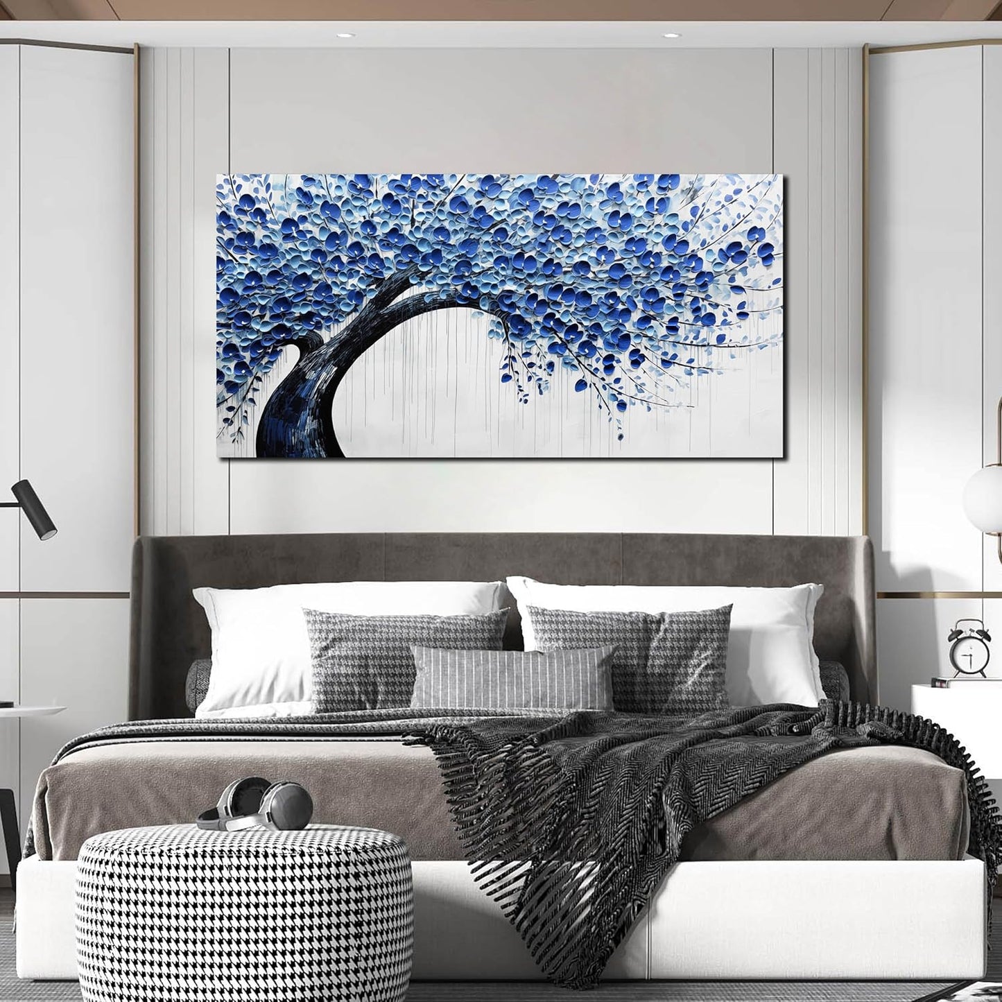 Large Wall Art for Living Room Bedroom Home Office Blue Tree of Life Wall Art Floral Picture Framed Wall Decor Modern Canvas Prints 24x48 In
