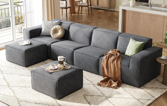 LINSY HOME Modular Sectional Sofa, 134" Boneless Couch U Shaped 4-Seat Sofa with 2 Movable Ottomans, Corduroy Sectional Cloud Couches for Living Room, No Assembly Required, Bluish Grey