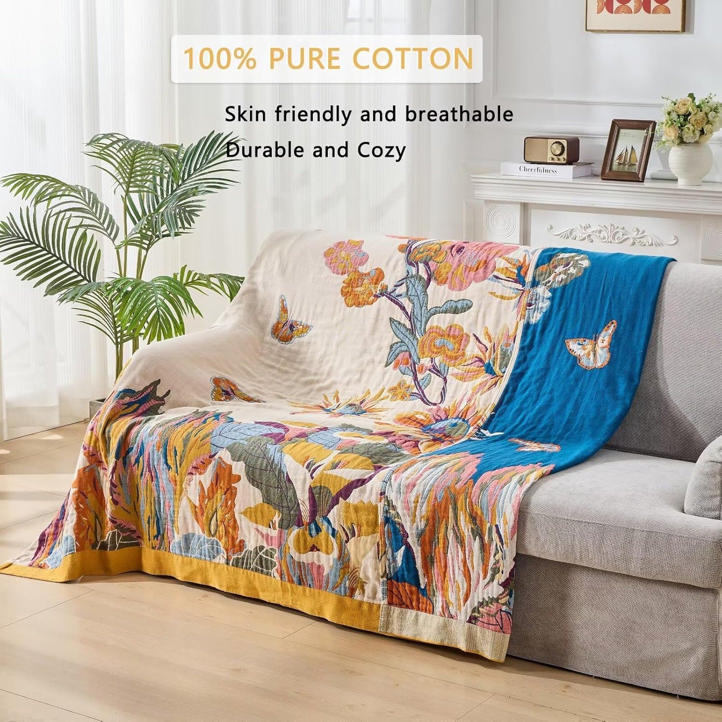 100% Cotton Boho Throw Blanket, King Size Living Room Reversible Fall Throw Blanket, Boho Floral Bird Colorful Retro Quilt Ultra Soft Reversible Gauze Blanket for All Season, 90"x98"