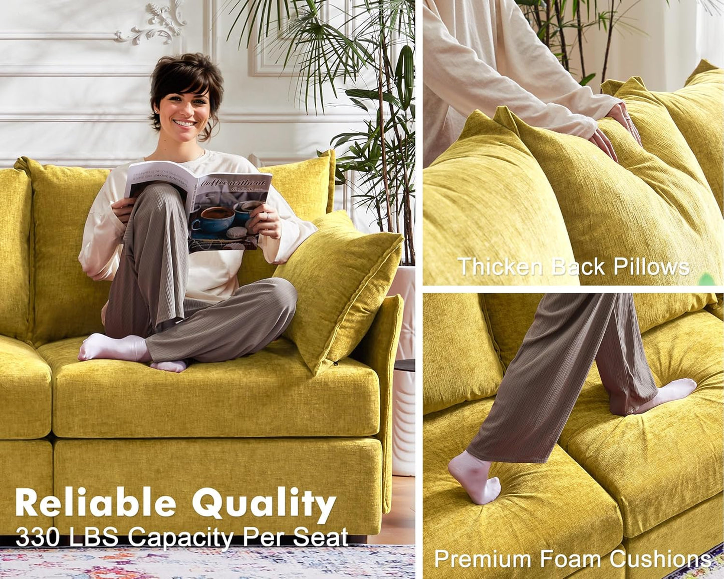 Luxury Modular Sectional Sofa, L-Shaped 3-Seat Couch with Storage Ottoman Deep Seat & Reversible Chaise Lounge Chenille Yellow for Compact Spaces, Apartments, Dorm