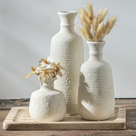 Ceramic Vase Set of 3, Neutral Rustic Vases Home Decor Farmhouse Decorative Vase Whitewashed Pottery Decor Boho Modern for Table Mantel Entryway Bookshelf Living Room Kitchen Bathroom Bedroom - White