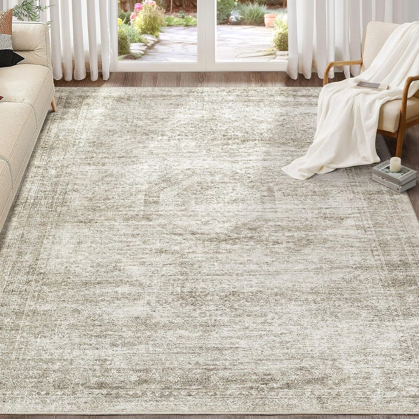 Washable Area Rugs for Living Room -7x9 Neutral Vintage Distressed Floral Farmhouse Boho Large Soft Floor Rug Indoor Non Slip Carpet for Living Room Bedroom Dining Room Office-Beige