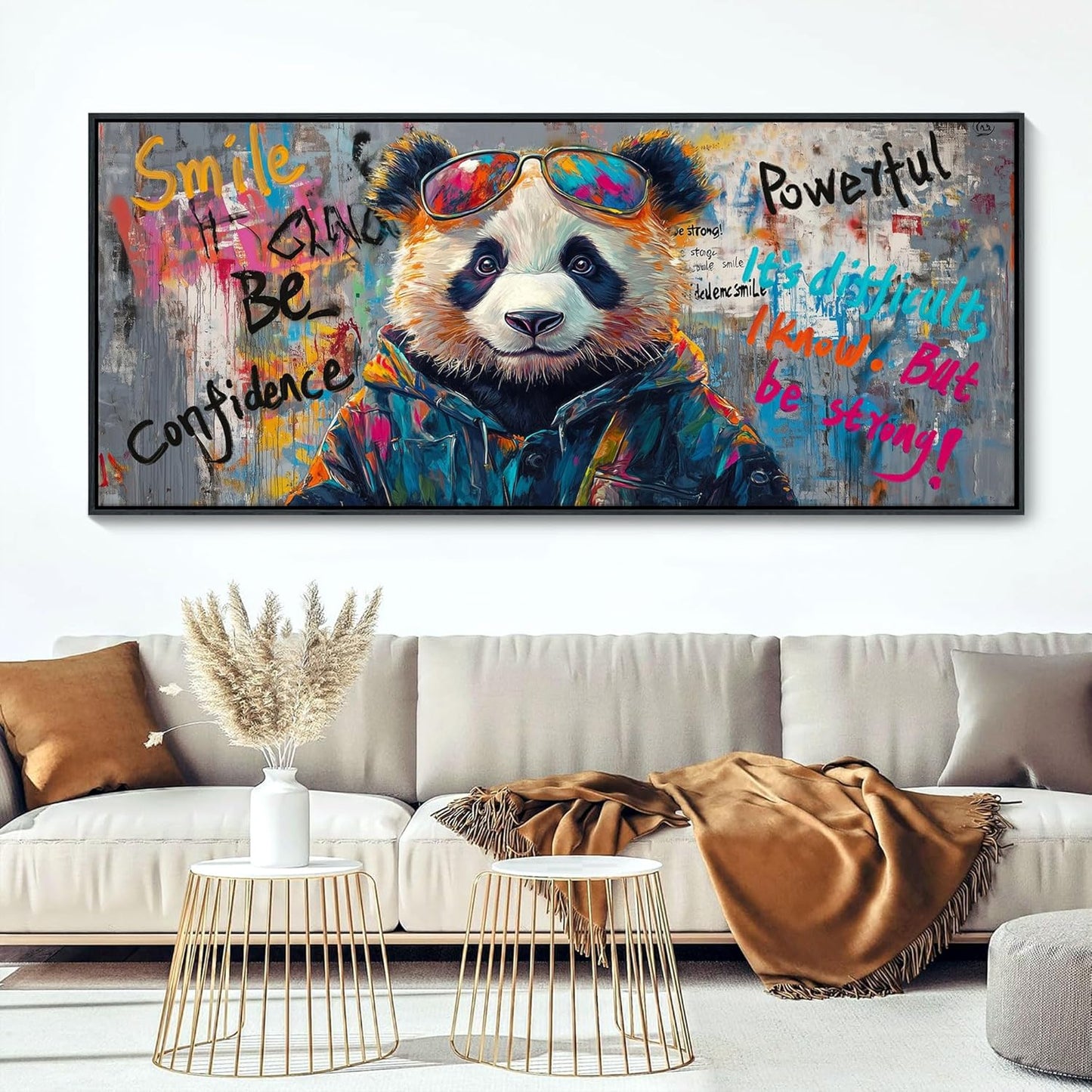 JEAWA Framed Canvas Wall Art - Extra Large Panda Abstract Graffiti Street Art Wall Picture Black and White Paintings Ready to Hang Living Room Bedroom Home Office Inspirational Decor 31.5x70 IN