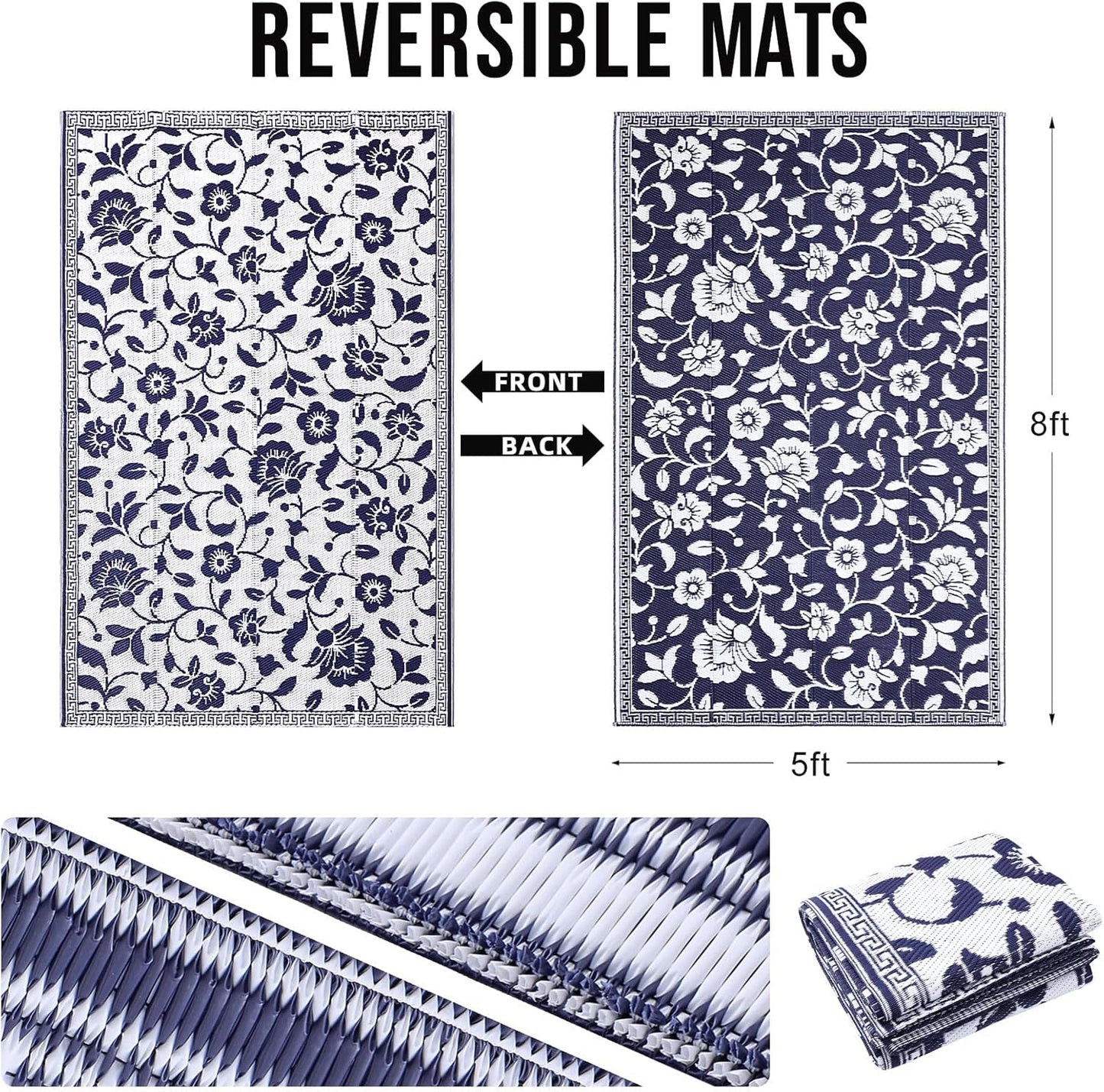 OLANLY Waterproof Outdoor Rug 5x8 ft, Outdoor Plastic Straw Rug with Flower Pattern, Reversible RV Mat for Patio, Camping, Balcony, Deck, Backyard, Navy & White