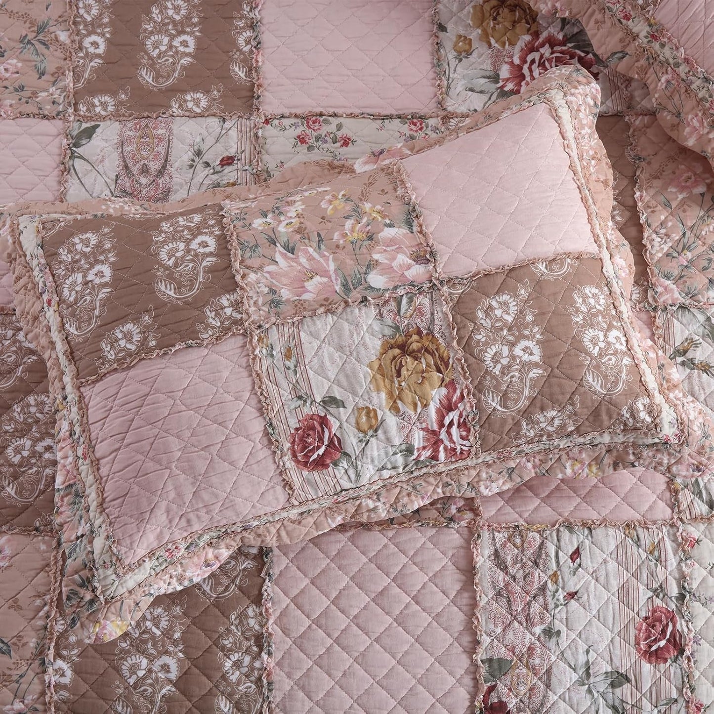 NEWLAKE Quilt Set King Size, Cotton Patchwork Pink Floral Quilt Sets, Real Stitched Embroidery Bedspread Lightweight and Breathable for All Seasons, Soft Quilted with 2 Pillow Shams