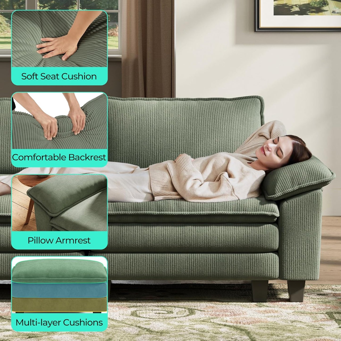 LINSY HOME Modular Sectional Sofa - 90'' Sleeper Sofa Cloud Couch Oversized Corduroy Sofa Bed with Movable Ottoman Soft Modern Comfy Couch for Living Room Apartment Office, Green