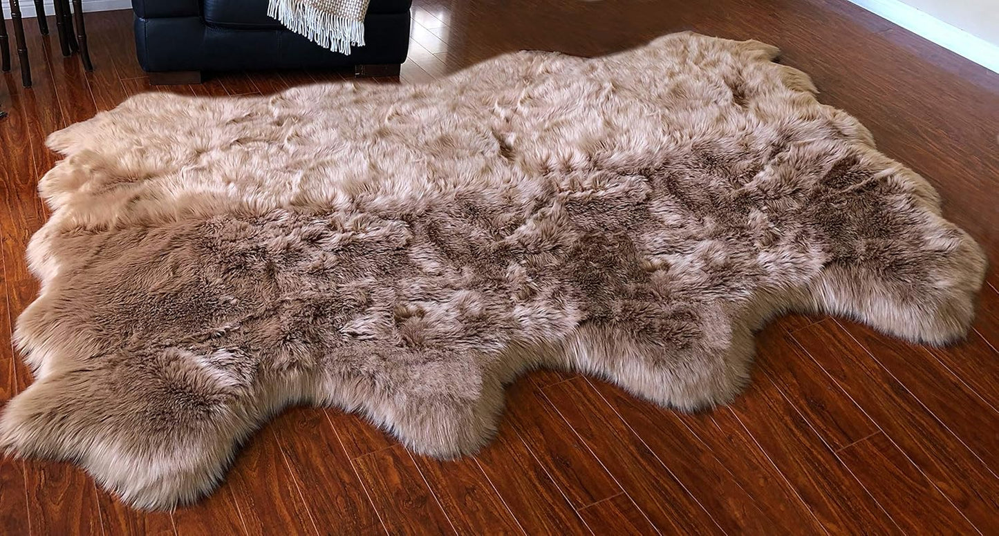 LAMBZY Faux Sheepskin Hypoallergenic Free Shape Silky Shag Rug, Luxury Shaggy Silky Plush Carpet for Bedrooms Rugs Living Room Kids Rooms Sofa Floor Rugs (Octo 8 Pelts 6'x8',180x240cm,Camel)