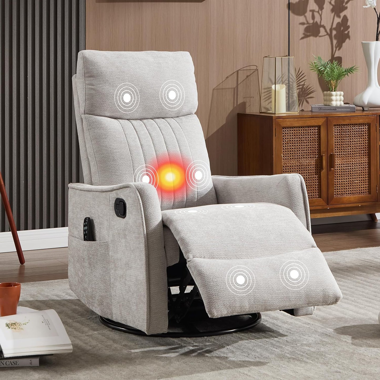 Manual Swivel Rocker Recliner Chair for Adults, Overstuffed Reclining Glider Chair for Nursing with Vibration Massage & Heat, Living Room Rocking Recliner 2-Stage backrest, Chenille Fabric Light Gray