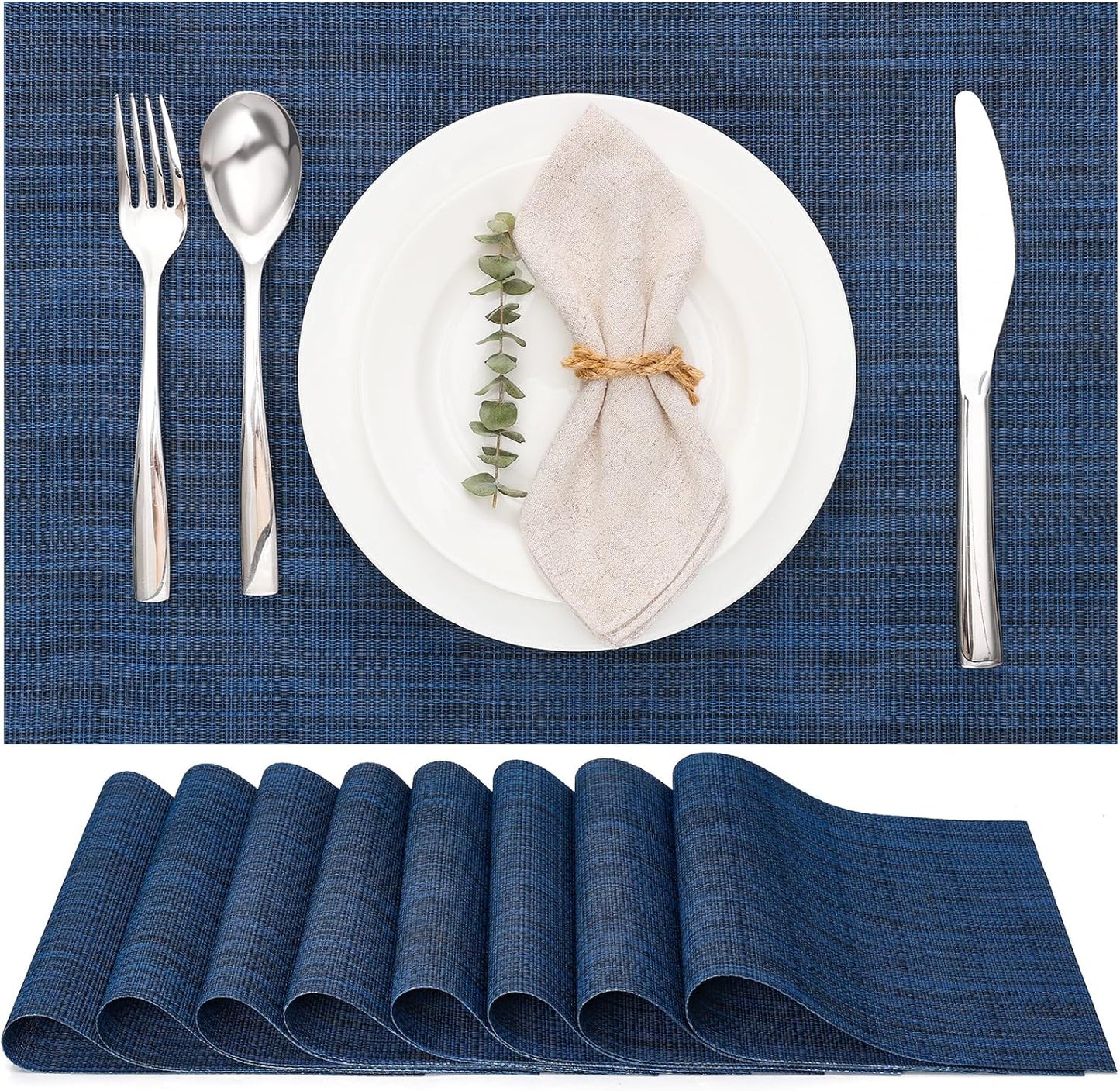 Myir JUN Placemats Set of 8, Vinyl Woven Placemats Place Mats Indoor Set of 8 Washable Table Mats Non-Slip Place mats for Dining Table (Dark Blue, Set of 8)