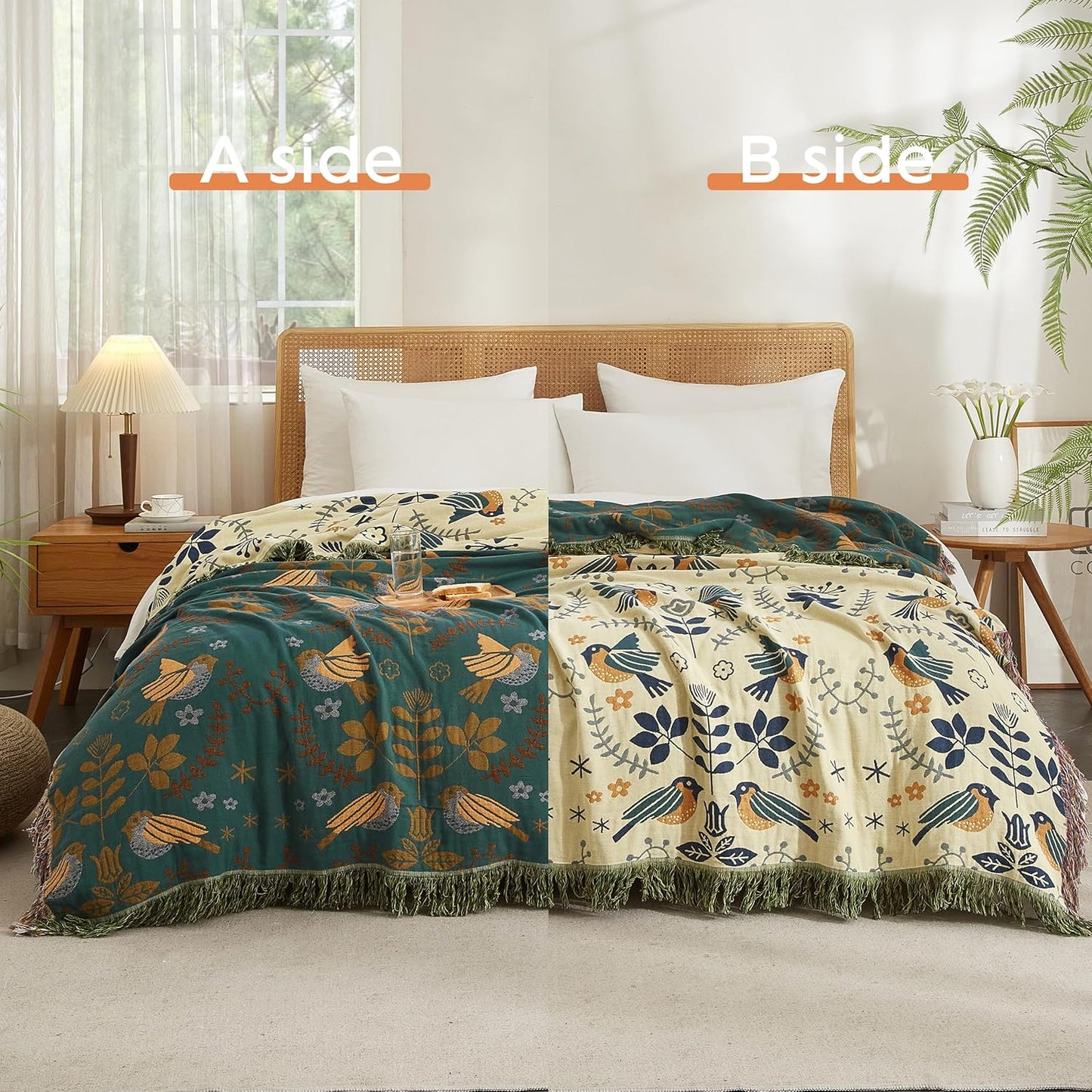Boho Throw Blanket for Bed 90”x98”, 100% Cotton Woven Blanket for Couch Sofa, Ultra Soft 4-Layer Muslin Quilt with Bird Floral Printed, Farmhouse Bed Blanket/Cover for Living Room Decor
