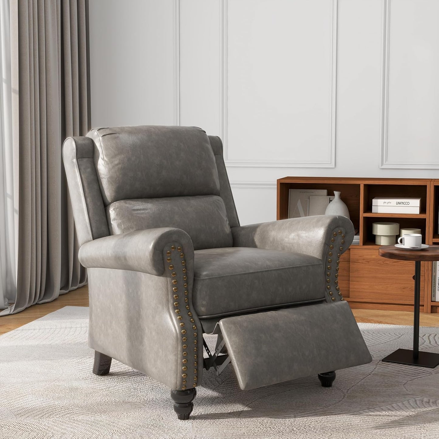 UIXE Pushback Recliner Chair, Faux Leather Armchair Push Back Accent Chair, Rivet Trim Club Chair Home Theater Overstuffed Single Sofa Reading Seat for Living Room, Gray