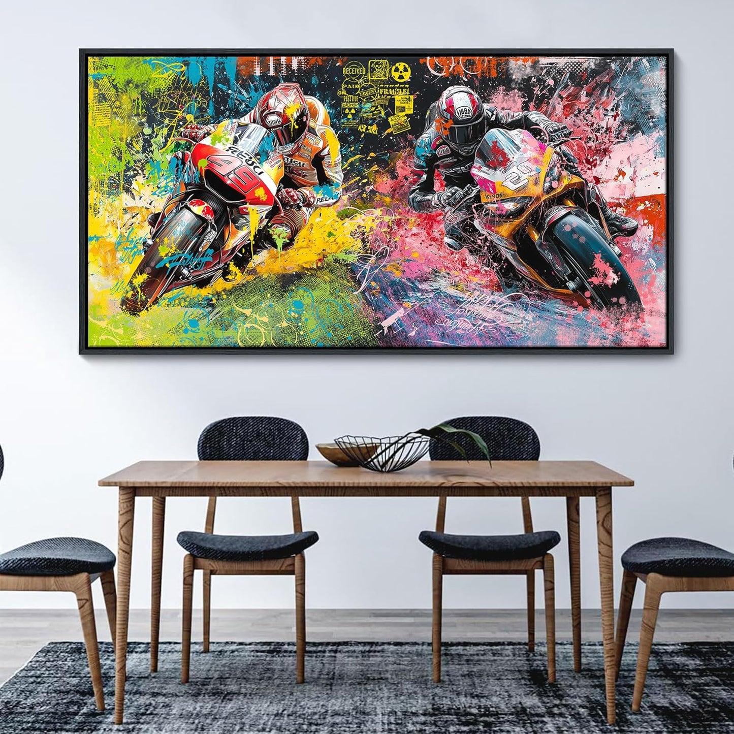 JEAWA Framed Canvas Wall Art - Large Abstract Painting Decor, Motorcycle Racing Color Graffiti Pictures, Modern Art Prints for Bedroom Living Room Bathroom Home Decoration, 29x58 IN