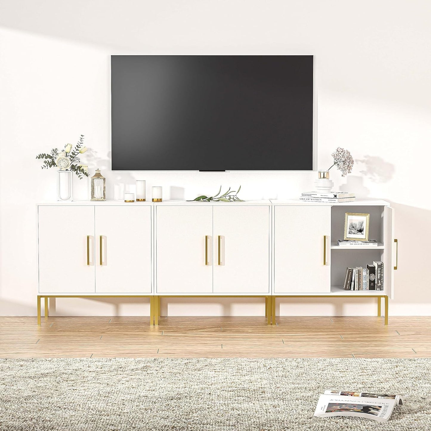 LYNSOM TV Stand for 85 Inch TV, Wood Entertainment Center with Storage Cabinet, TV Cabinet Black, Long Console Table for Living Room, Bedroom