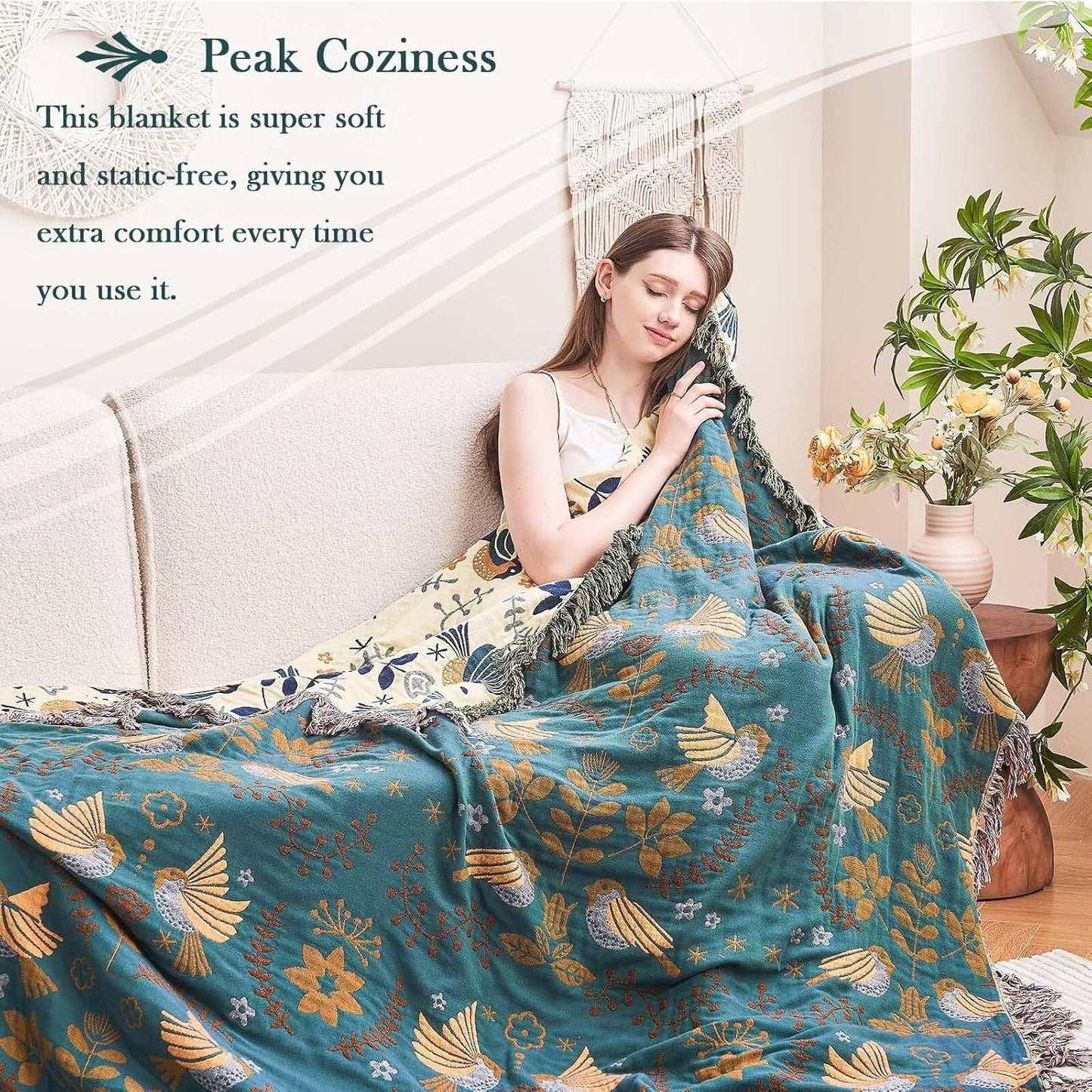 Boho Throw Blanket, 100% Cotton Ultra Soft Luxury Throw Rustic Quilt, 60"x80" Floral Printed Farmhouse Decor Bed Summer Blankets, All Season Rustic Reversible Bohemian Throw for Bed - Blue