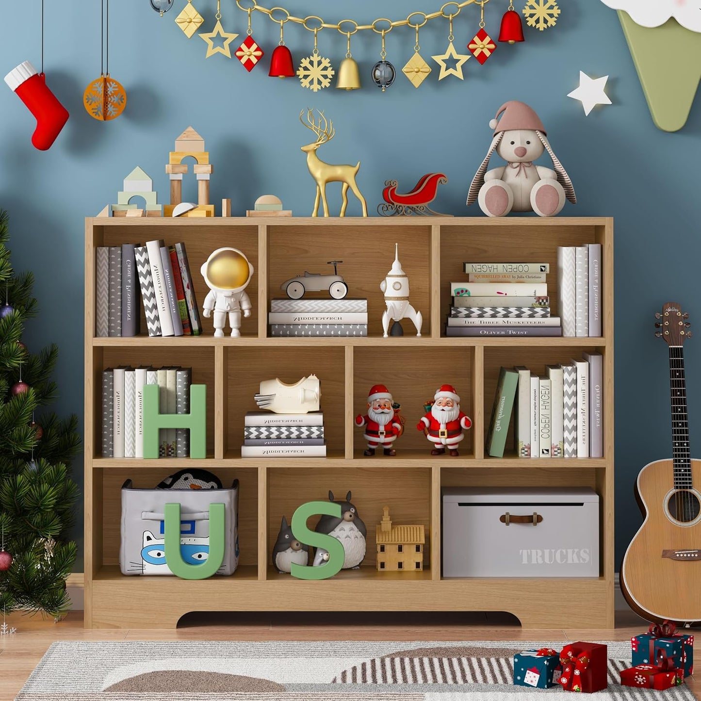 Book Shelf Set of 2, 10 Cubes Storage Organizer, 3-Tier Open Bookshelf Wooden Bookcase, Freestanding Log Bookshelf Cube Shelf for Bedroom, Living Room, Home Office