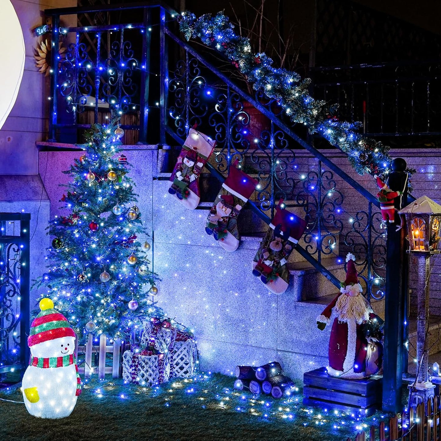 JMEXSUSS 2 Pack Blue & White Solar String Lights, Each 100 LED 33ft, Waterproof, 8 Modes for Outside Garden Patio Party Decoration