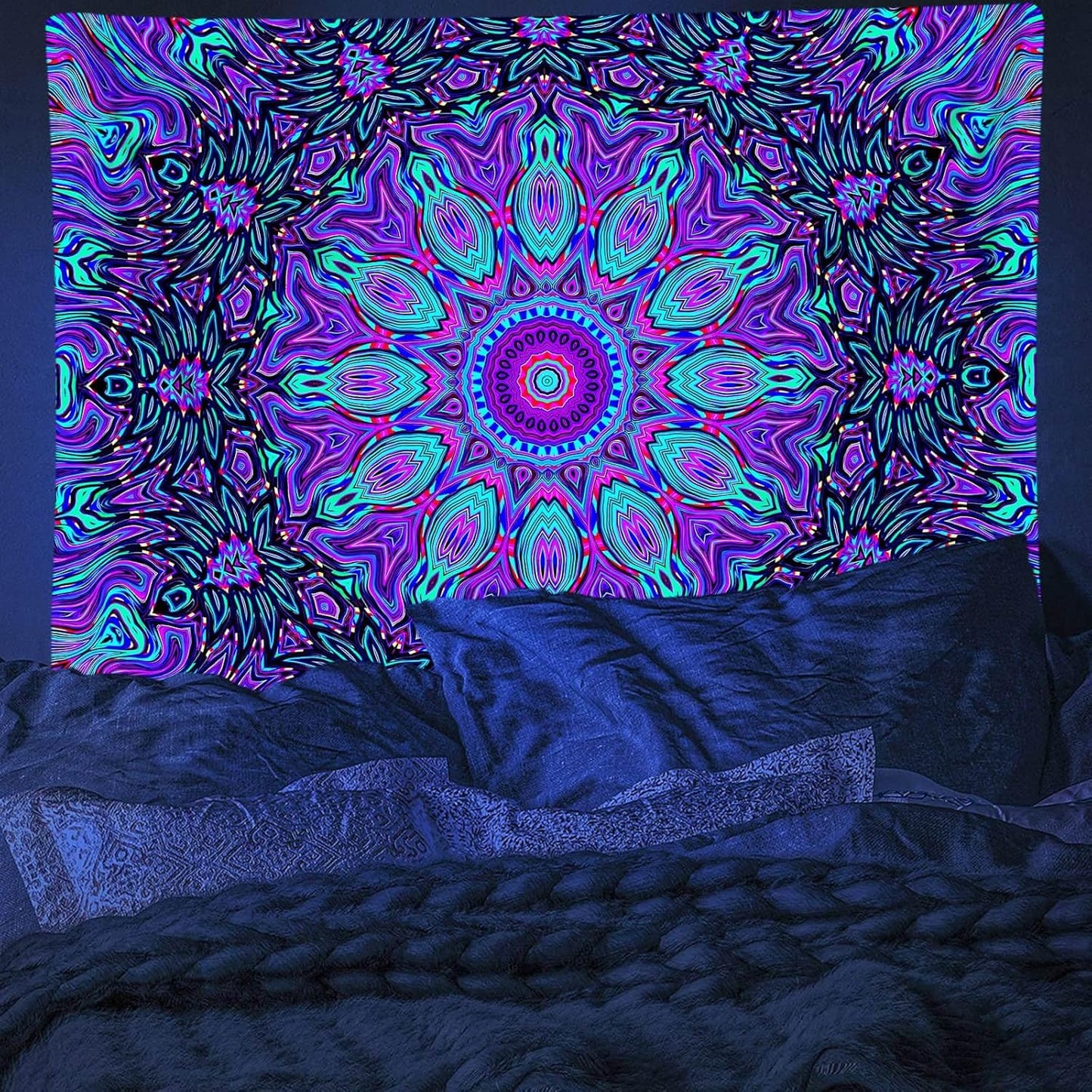 PSYHILAR Blacklight Mandala Tapestry for Bedroom, Psychedelic Black Light Posters for Adults and Teens, Neon UV Reactive Aesthetic Bohemian Art Wall Hanging Decor (80 x 60 Inches)